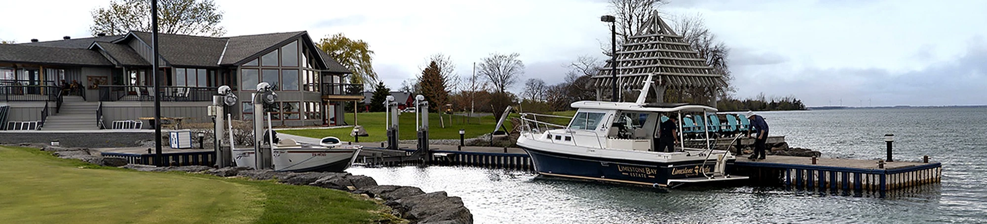 Limestone Lady boat docked at the private waterfront estate